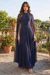 Pleated A Line Long Formal High Neck Cape Sleeve Dress Wholesale