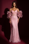 Formal Beaded Sequined Puff Sleeve Evening Gown Wholesale