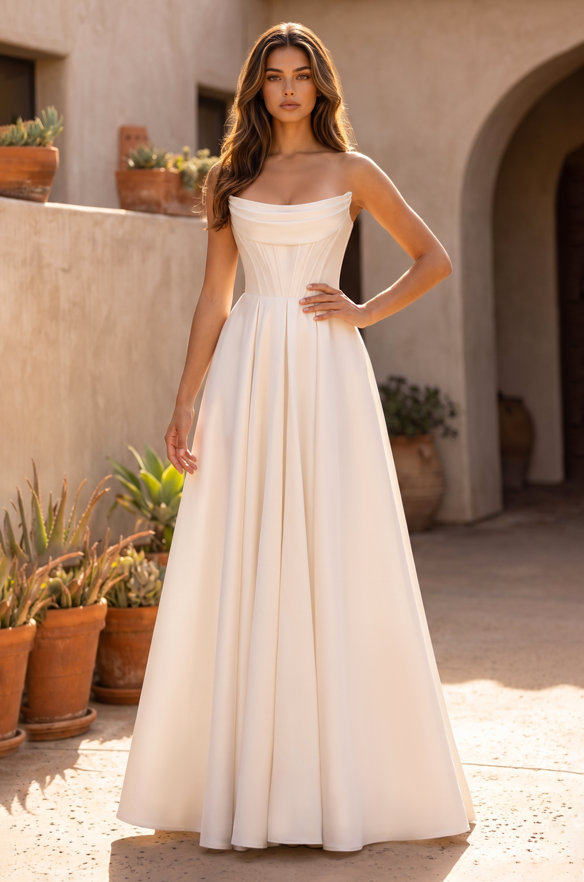 Off White Classic Long Mikado Corset Formal Ball Gown, front view