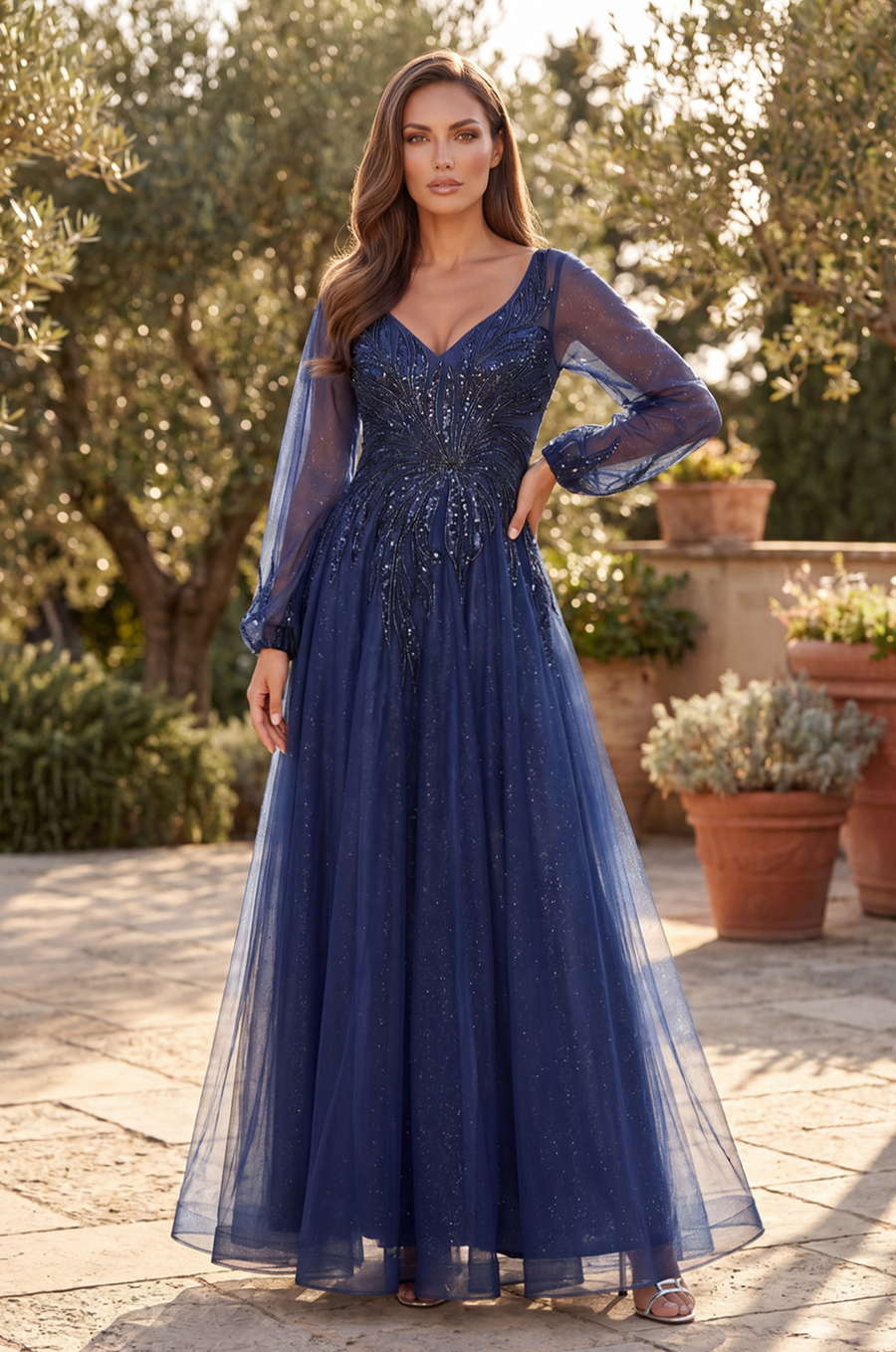 V Neck Long Sleeve Formal Evening Dress Wholesale