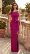Long One Shoulder Formal Ruffle Crepe Evening Dress Magenta