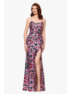 Nude/Navy/Pink Floral Sequin Maxi Dress High Slit Betsy & Adam A27017