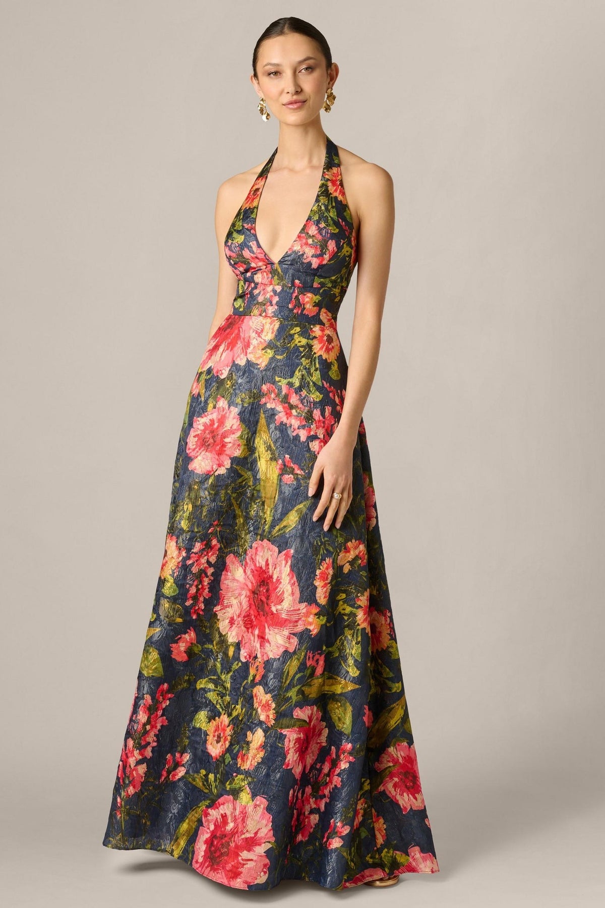Floral Jacquard Plunge Neck Halter Ballgown Aidan Mattox 210039 Wholesale