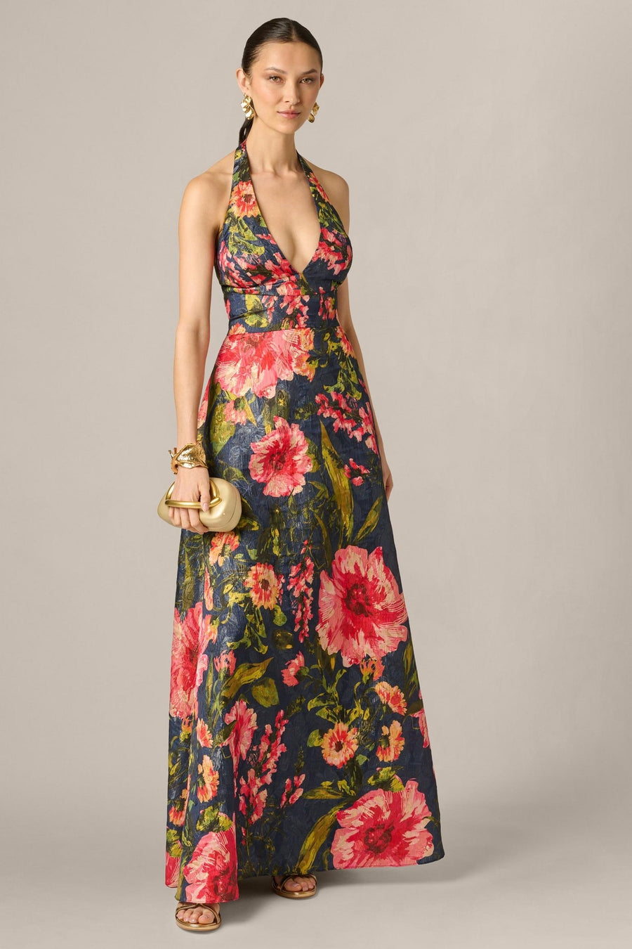 Floral Jacquard Plunge Neck Halter Ballgown Aidan Mattox 210039 Wholesale