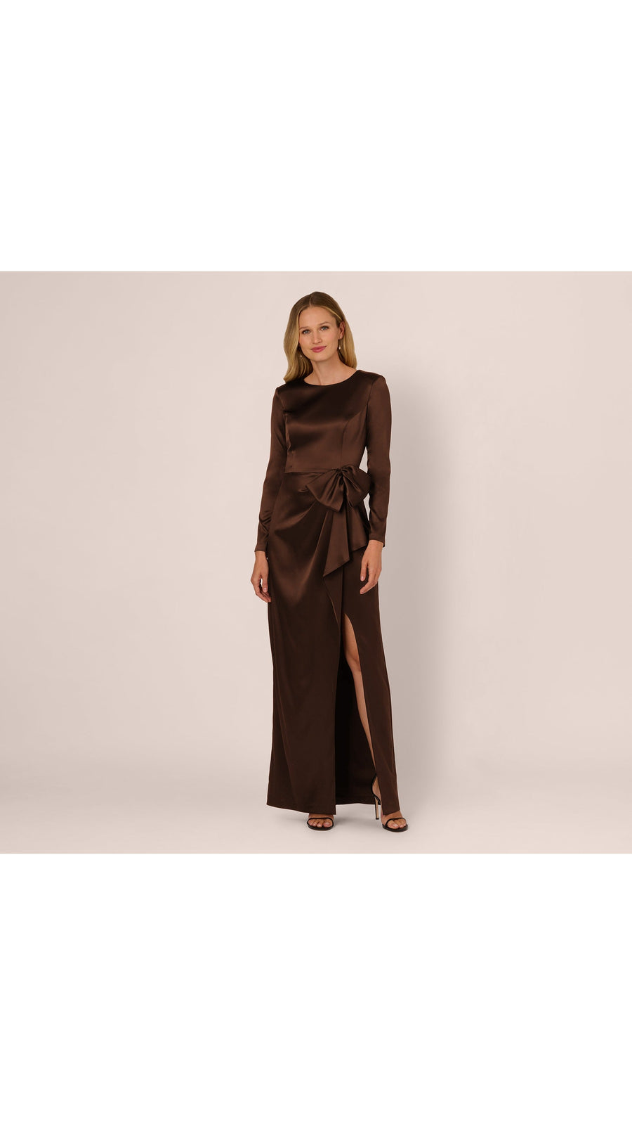 Long Sleeve Satin Bow Gown Adrianna Papell 212586 Wholesale
