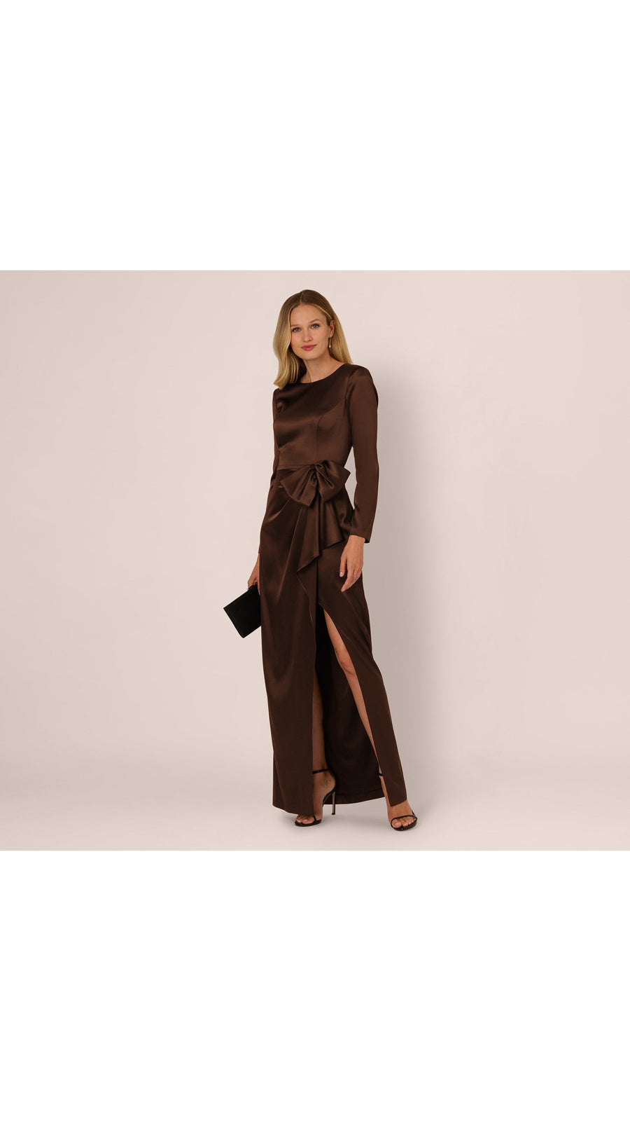 Long Sleeve Satin Bow Gown Adrianna Papell 212586 Wholesale