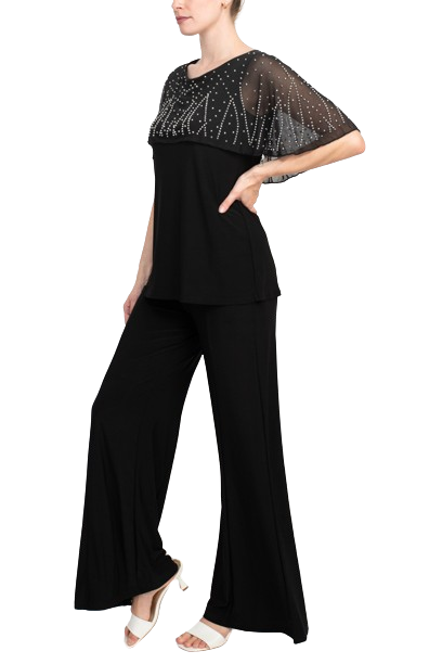 Black Scoop-Neck Full-Length Chiffon Evening Pant Suit with Beaded Capelet Marina 267490