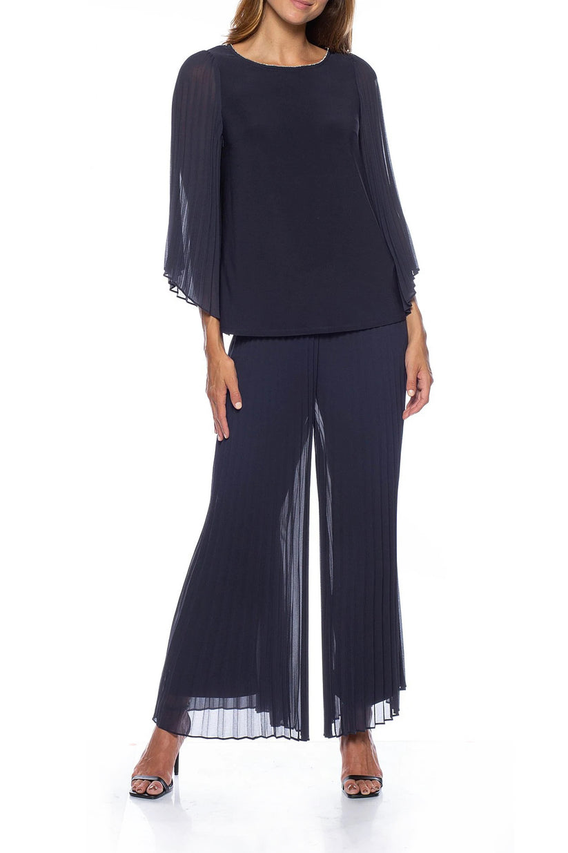 Pant Suit Long Two Piece Pleated Formal Pant Suit Navy