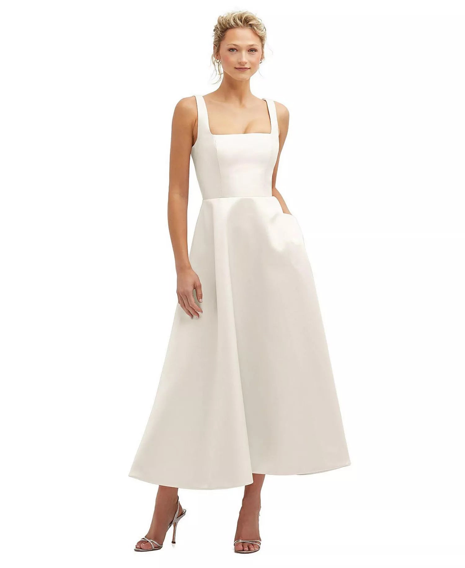 Square Neck Tea-Length Satin Formal A-Line Dress by Adrianna Papell AP1E211978