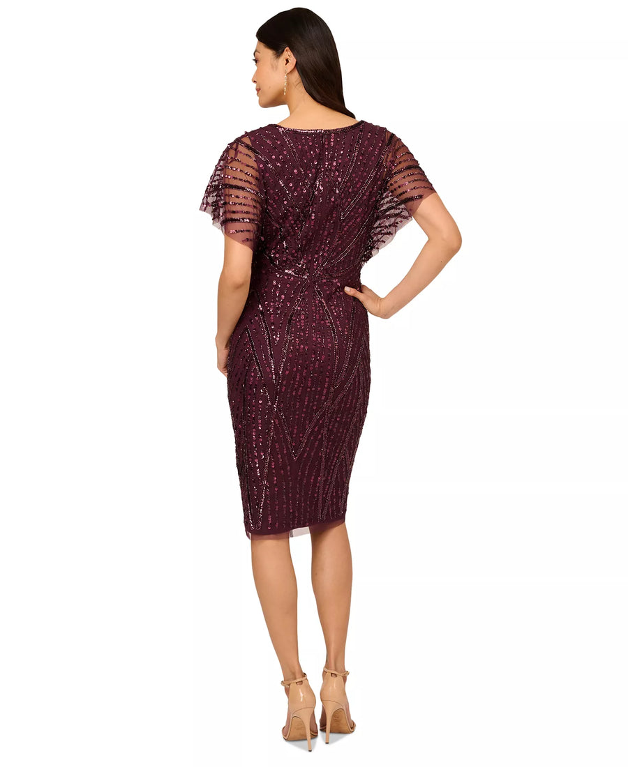 Deep Amethyst Adrianna Papell AP1E211543 V-Neck Short Sequin Cocktail Dress Flutter Sleeve