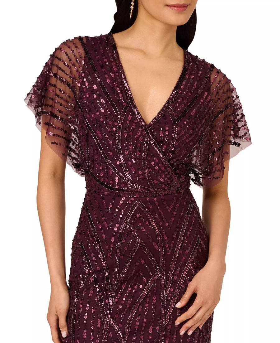 Deep Amethyst Adrianna Papell AP1E211543 V-Neck Short Sequin Cocktail Dress Flutter Sleeve