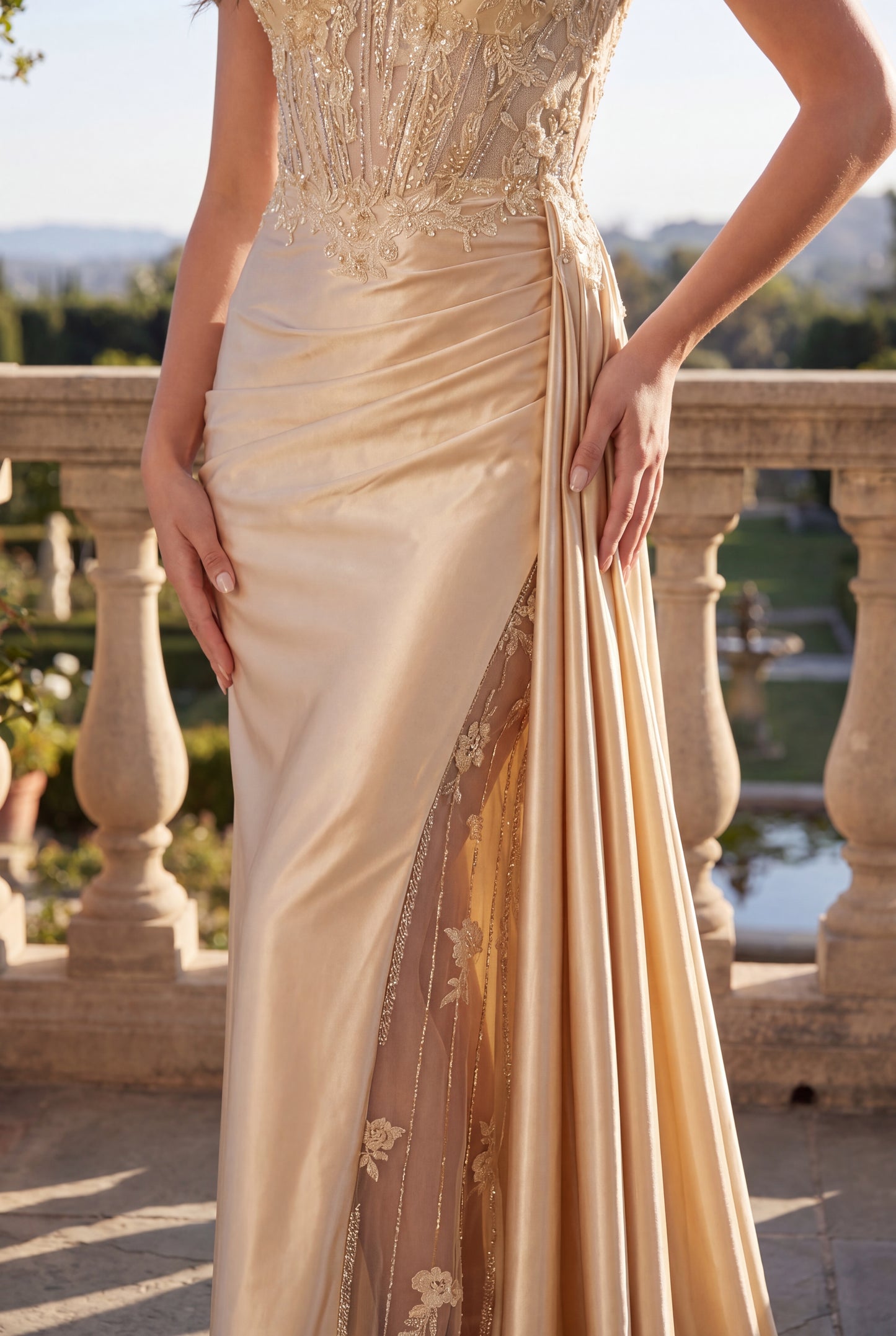 Long Corset Prom Dresss with Beaded Drape Slit Wholesale