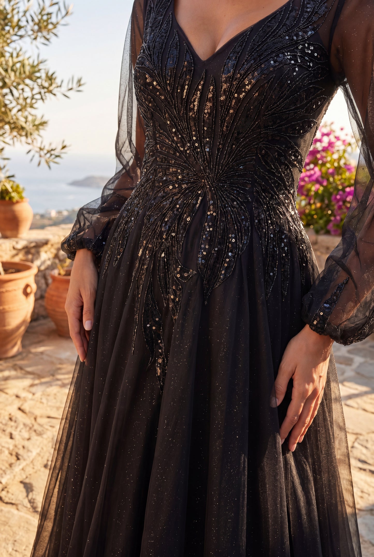 V Neck Long Sleeve Formal Evening Dress Wholesale