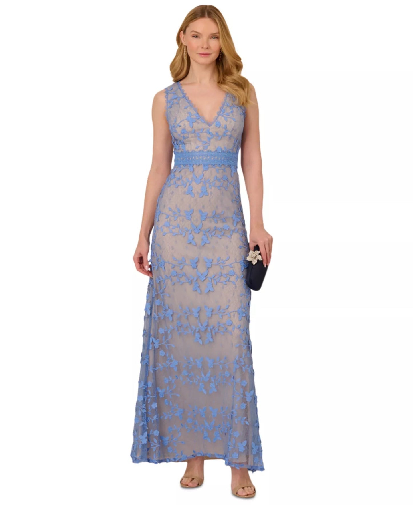 V-Neck Floor-Length Lace Formal Sheath/Column Adrianna Papell AP1E211880