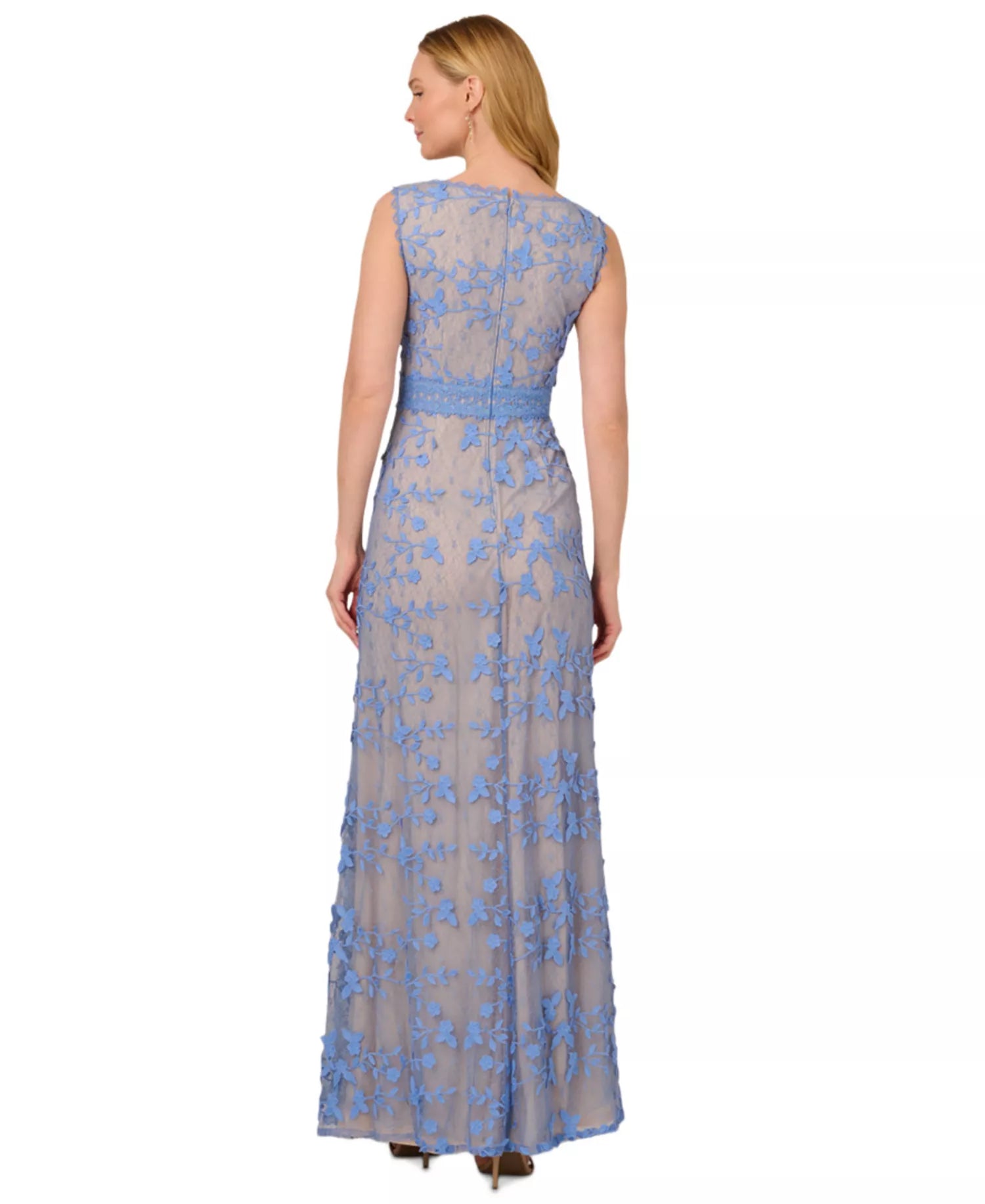 Periwinkle V-Neck Floor-Length Lace Formal Sheath Dress Applique Detail Adrianna Papell AP1E211880