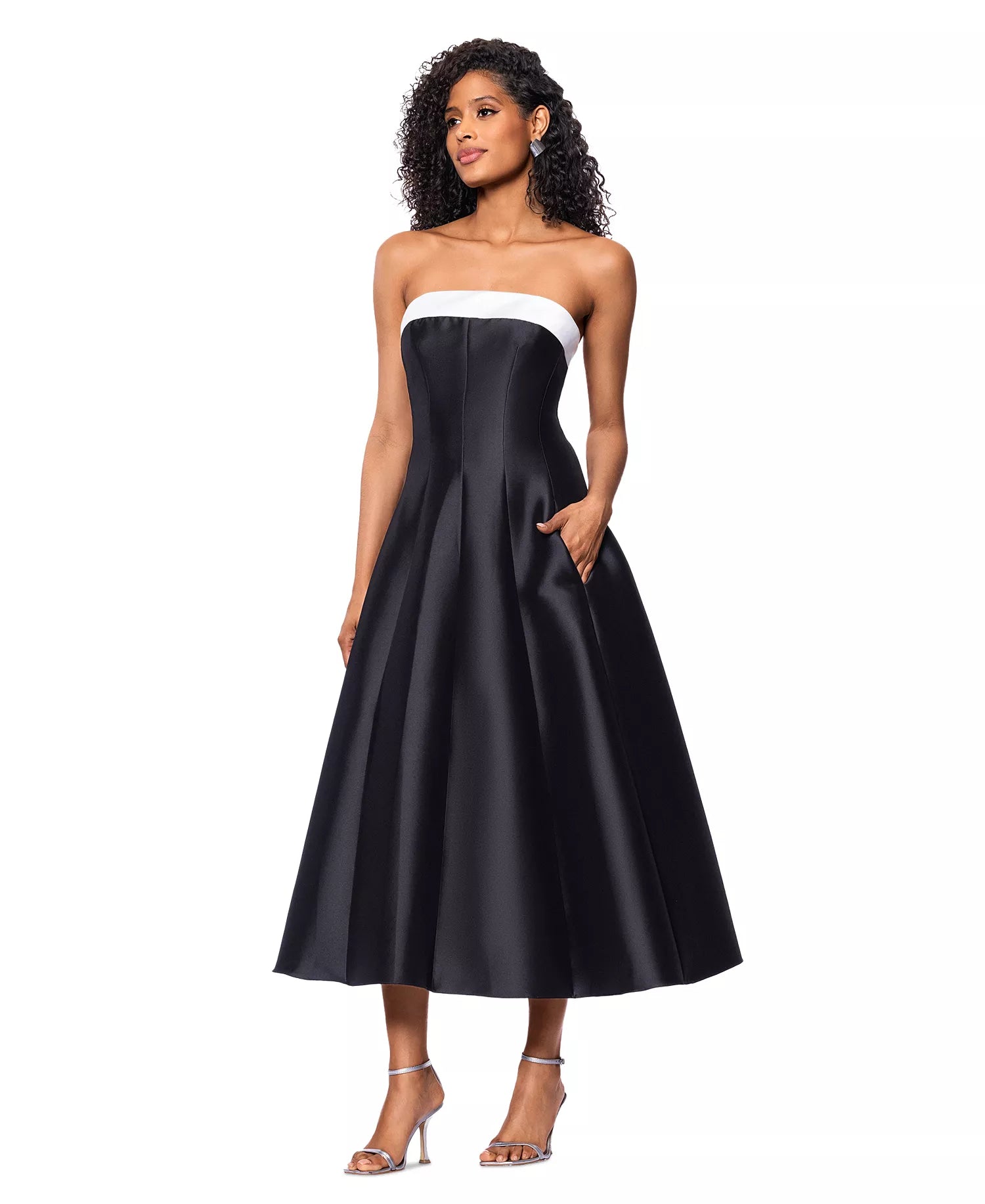 Strapless Straight Neck Tea-Length Satin Formal A-Line Betsy & Adam A27115