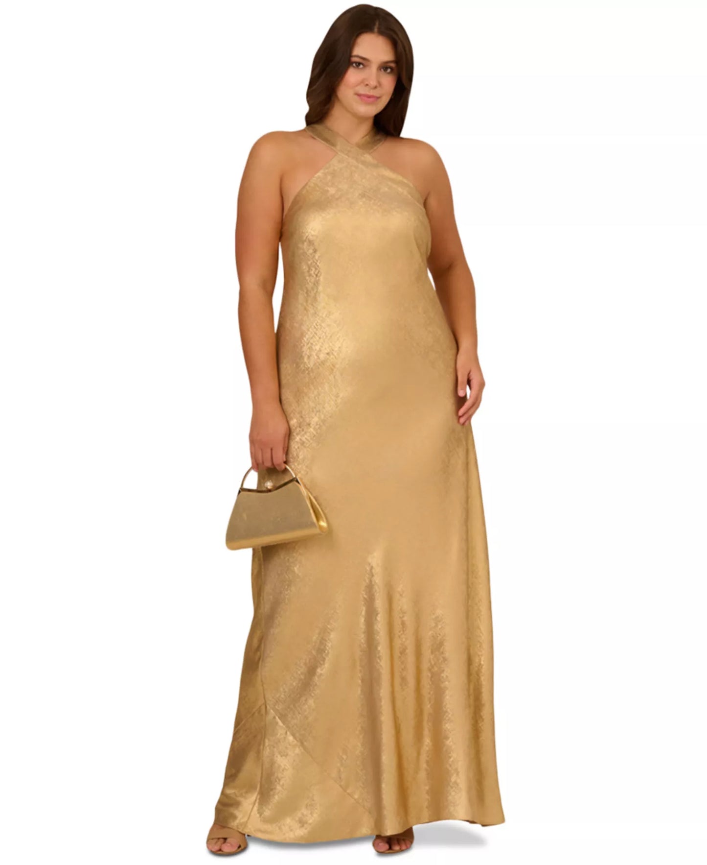Light Gold Adrianna Papell ADAE211409 Halter Floor-Length Jacquard Formal Metallic Gown