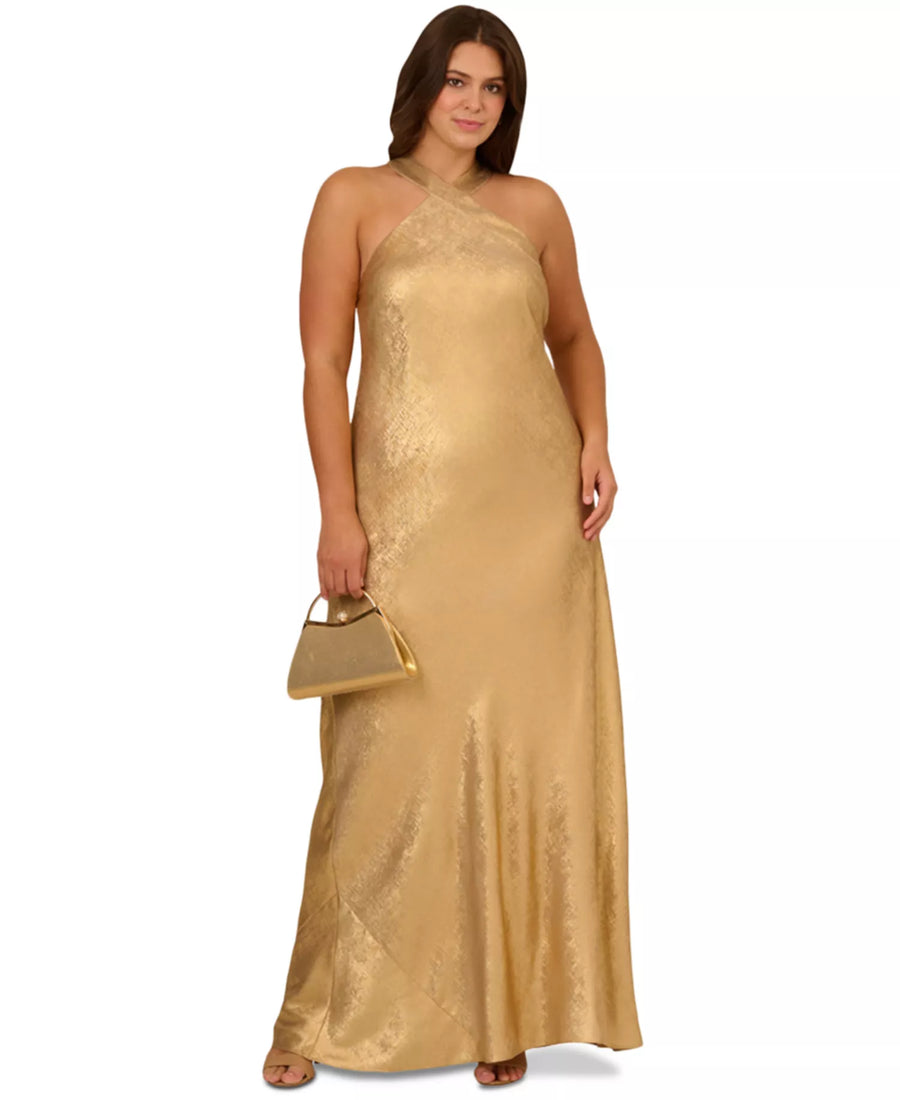 Light Gold Adrianna Papell ADAE211409 Halter Floor-Length Jacquard Formal Metallic Gown