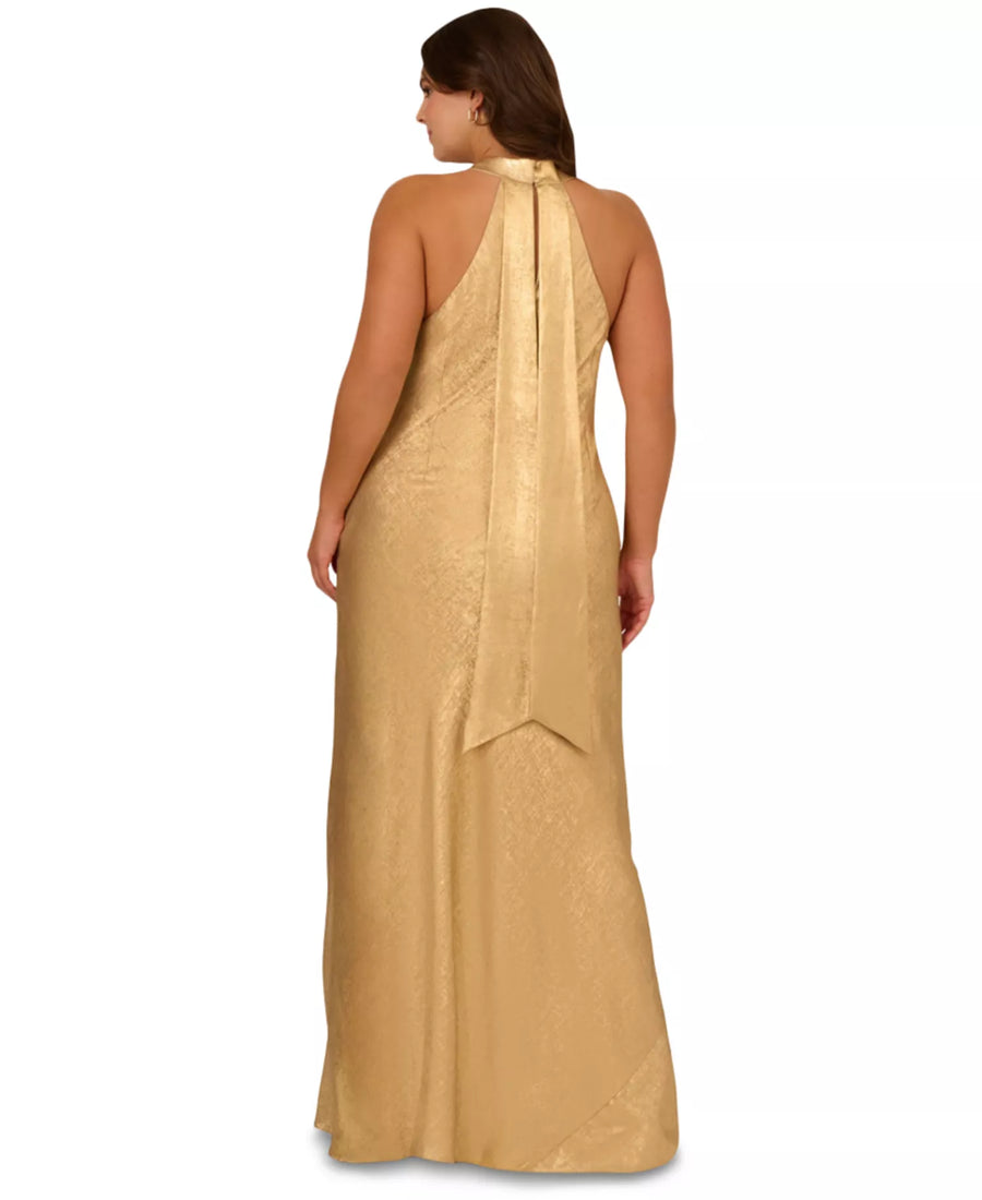 Light Gold Adrianna Papell ADAE211409 Halter Floor-Length Jacquard Formal Metallic Gown