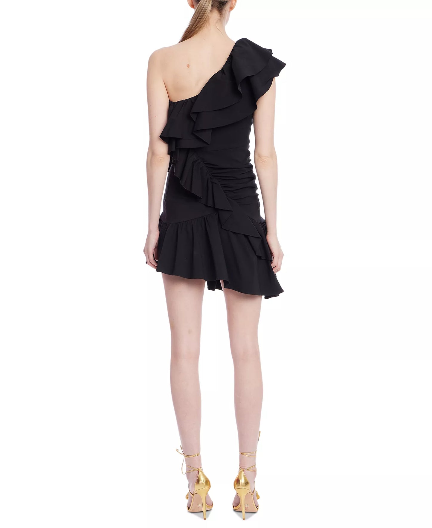 Black One-Shoulder Mini Scuba Cocktail Ruffled Sheath Dress Jewel Badgley Mischka J0103