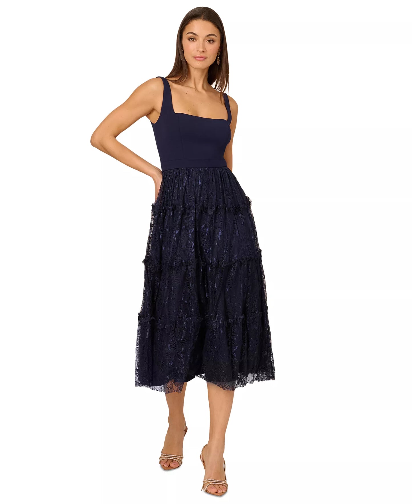 Adrianna Papell ADAE212024 A Line Midi Cocktail Dress