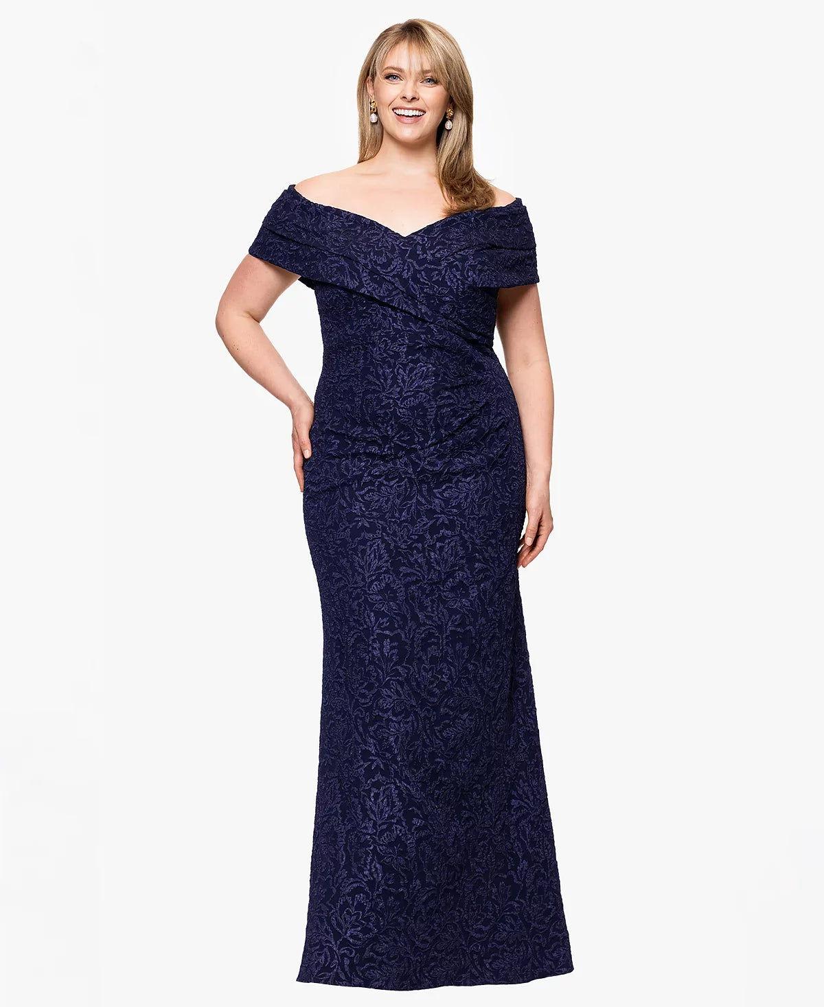 Navy Betsy & Adam A27206W V-Neck Floor-Length Chiffon Formal Tiered Dress
