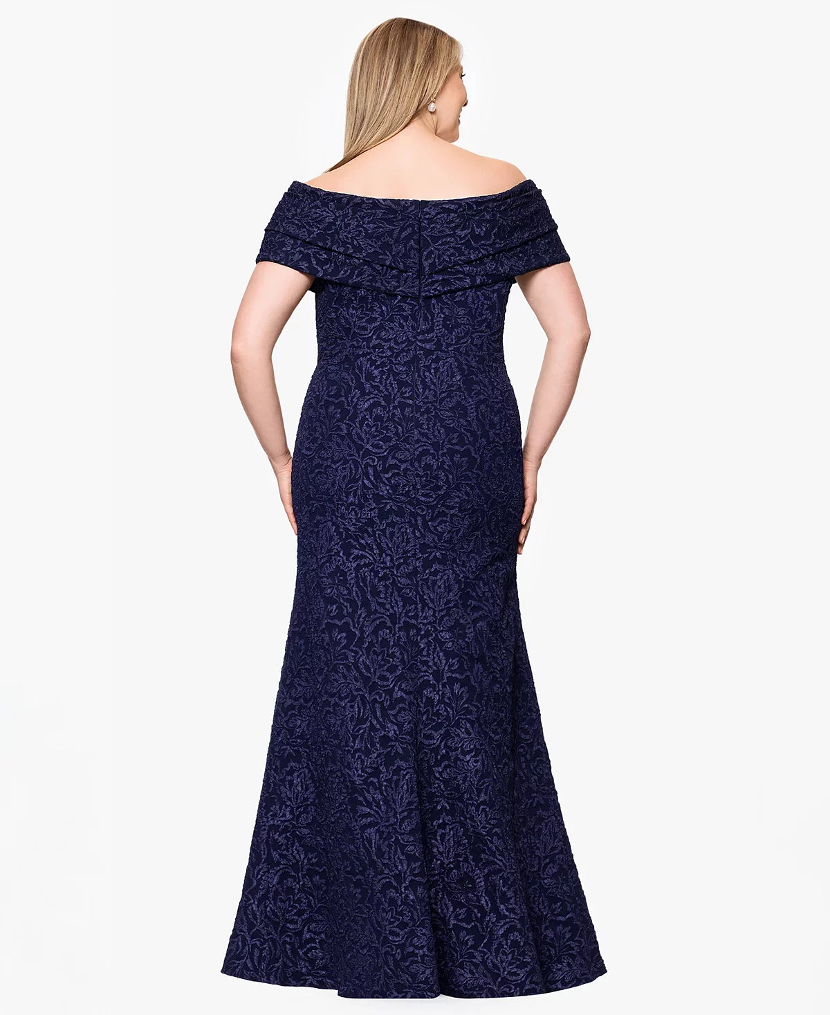 Navy Betsy & Adam A27206W V-Neck Floor-Length Chiffon Formal Tiered Dress