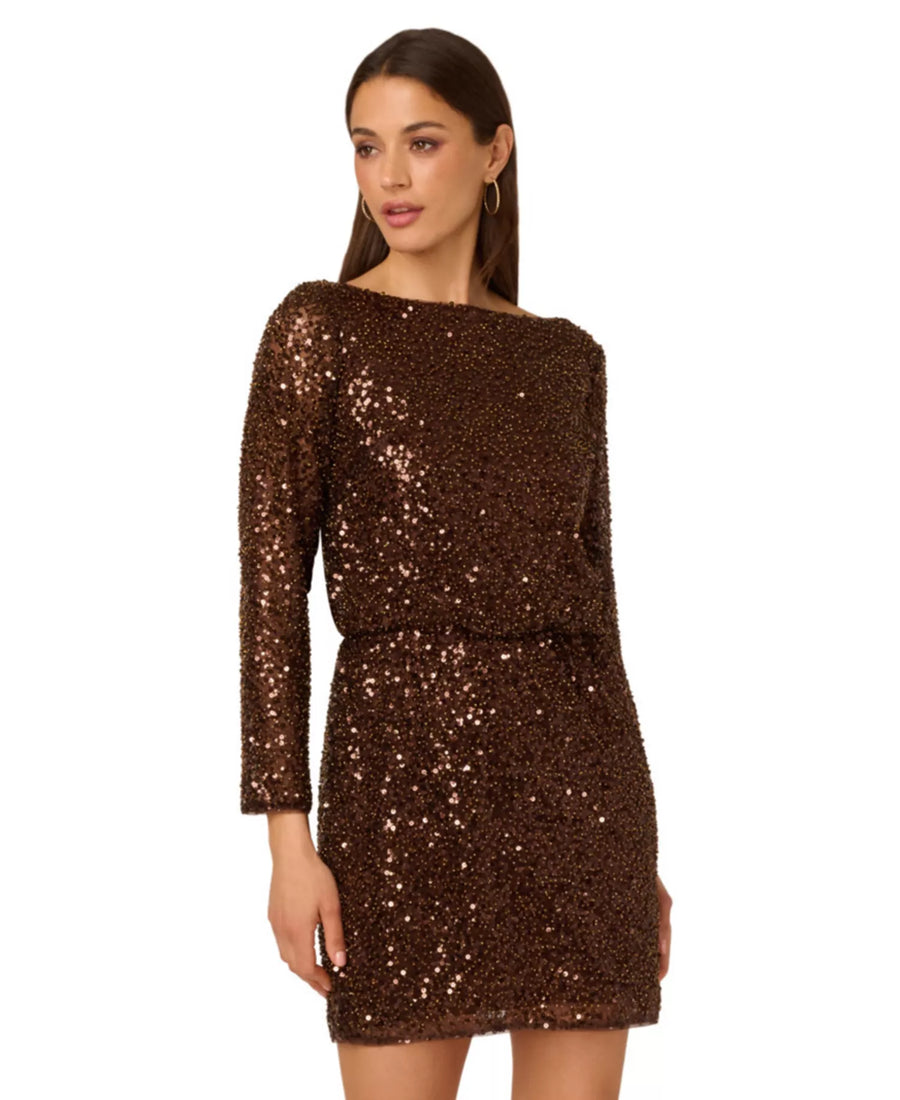 Timber Adrianna Papell ADAE212414 Bateau Neck Mini Sequin Cocktail Dress Open Back