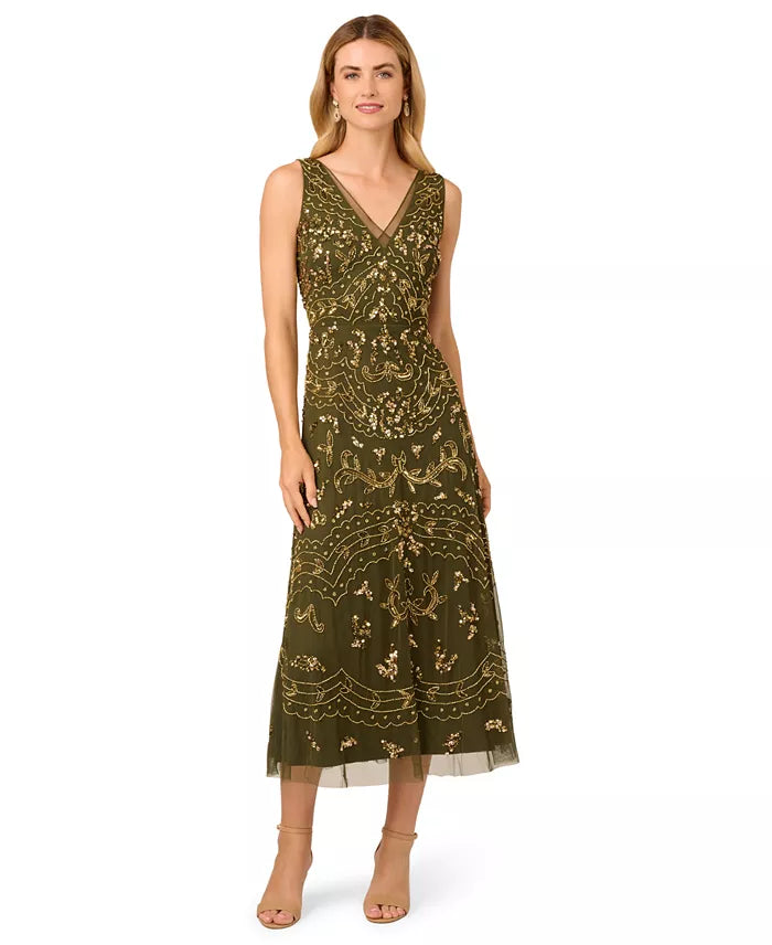 Olive V-Neck Tea-Length Mesh Cocktail A-Line Dress Beaded Embroidery Adrianna Papell AP1E209645