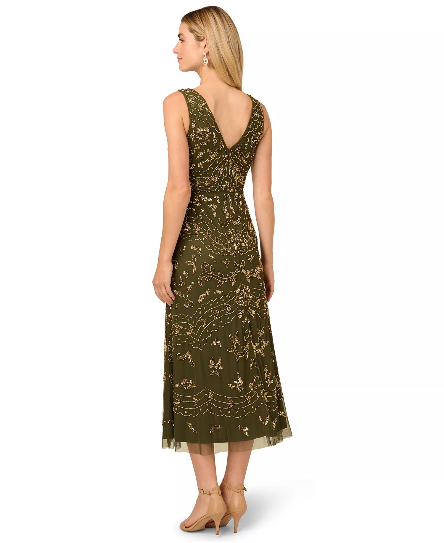 Olive V-Neck Tea-Length Mesh Cocktail A-Line Dress Beaded Embroidery Adrianna Papell AP1E209645