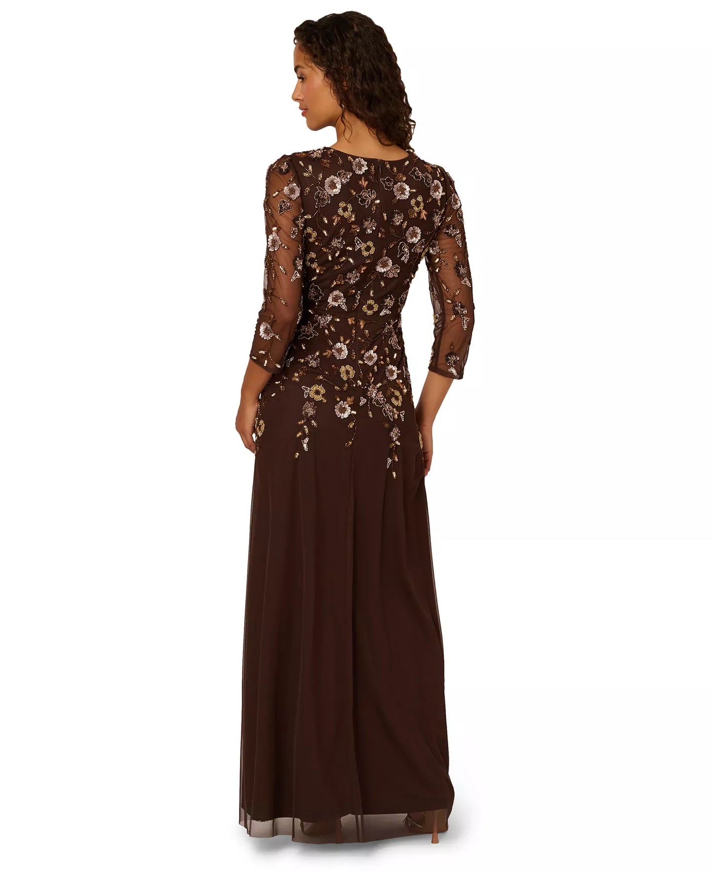 Plus Size Dresses Crew Neck Floor-Length Mesh Formal A-Line Gown 3/4 Sleeves Adrianna Papell AD5E212393W Chocolate