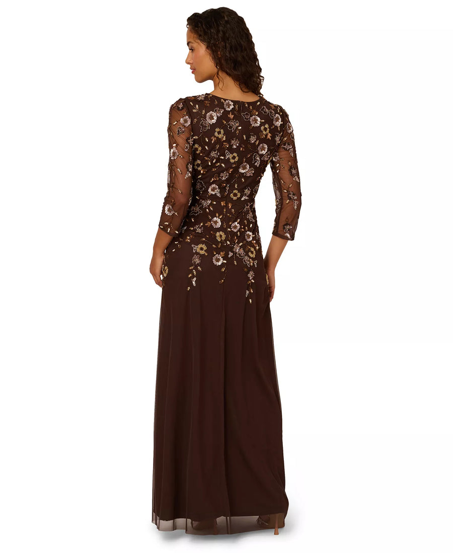 Plus Size Dresses Crew Neck Floor-Length Mesh Formal A-Line Gown 3/4 Sleeves Adrianna Papell AD5E212393W Chocolate