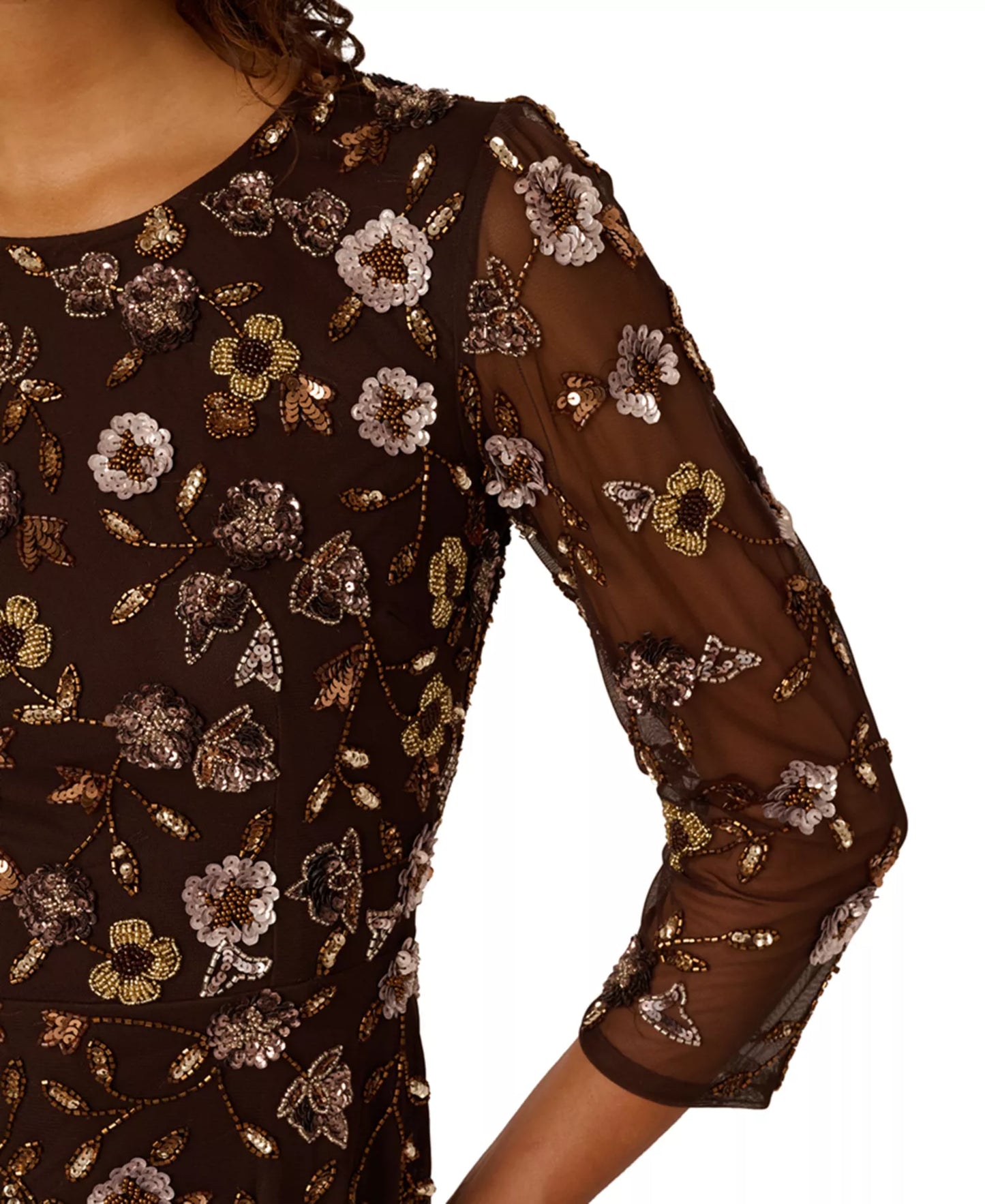 Plus Size Dresses Crew Neck Floor-Length Mesh Formal A-Line Gown 3/4 Sleeves Adrianna Papell AD5E212393W Chocolate