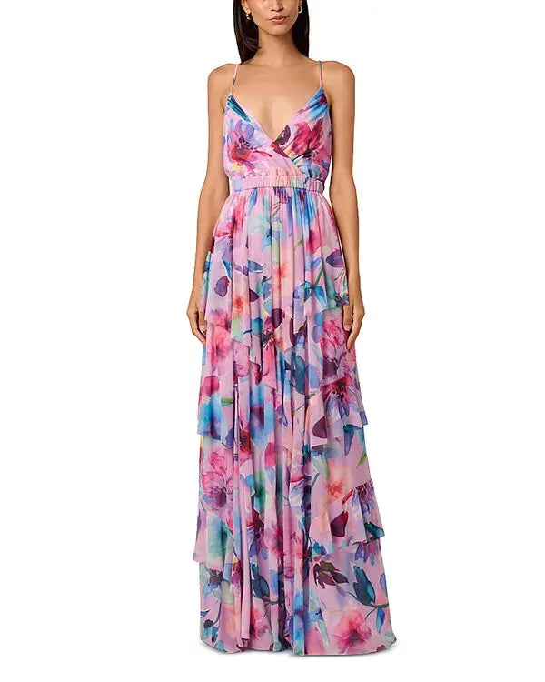 Zoey Mesh Long Dress in Pink Multi, front view, style ML1E209469