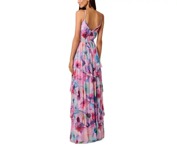Zoey Mesh Long Dress in Pink Multi, back view, style ML1E209469