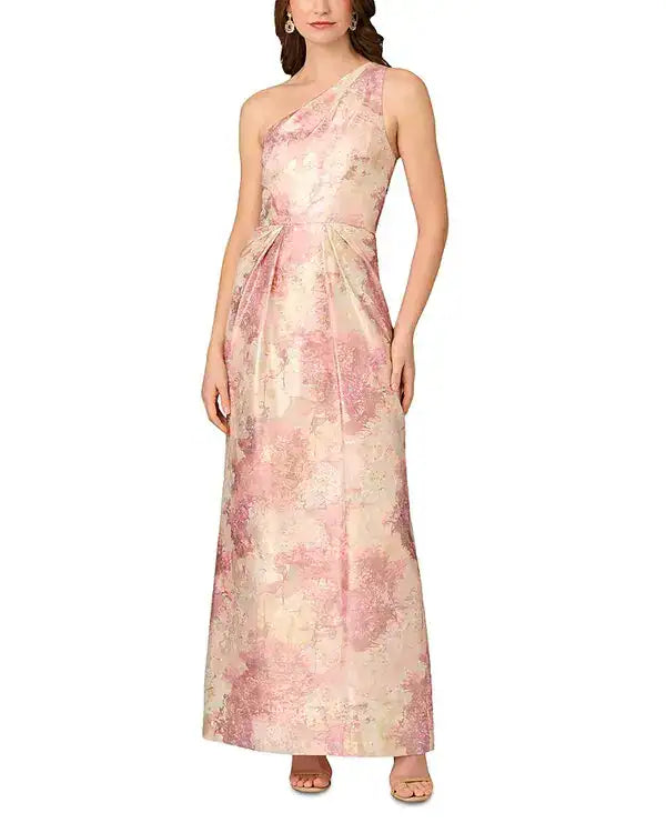 Pink Multi Aidan Mattox MD1E209524 One-Shoulder Long Jacquard Formal Gown Back Vent