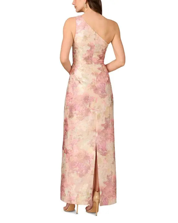 Pink Multi Aidan Mattox MD1E209524 One-Shoulder Long Jacquard Formal Gown Back Vent
