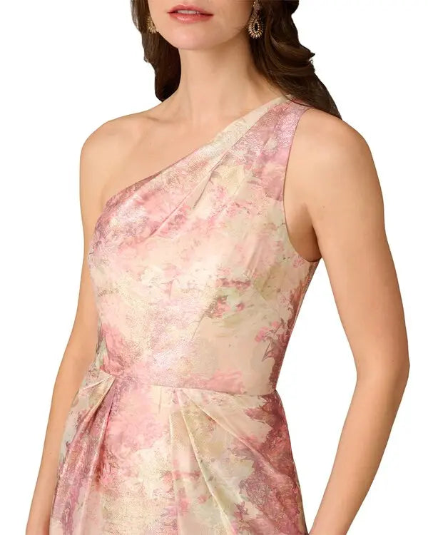 Pink Multi Aidan Mattox MD1E209524 One-Shoulder Long Jacquard Formal Gown Back Vent
