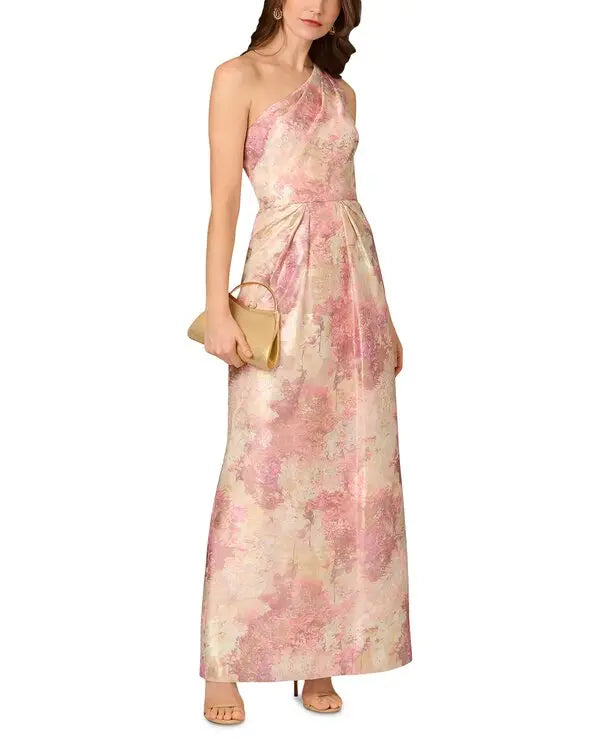 Pink Multi Aidan Mattox MD1E209524 One-Shoulder Long Jacquard Formal Gown Back Vent