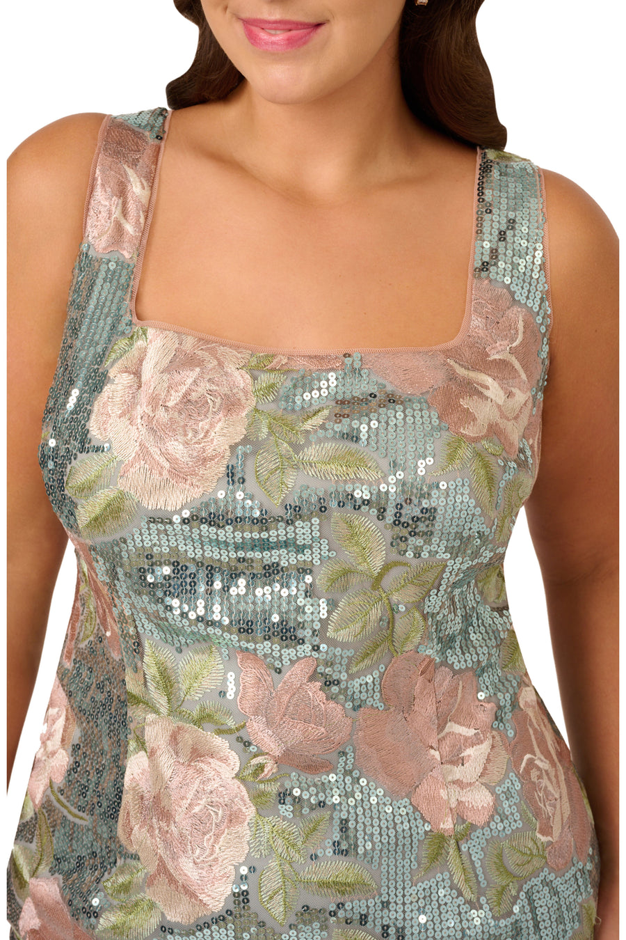 Sage Multi Adrianna Papell AP1E211823 Square Neck Knee-Length Sequin Cocktail Dress Floral