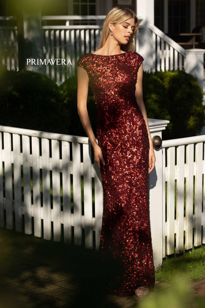 Burgandy Bateau Floor-Length Sequin Prom Gown Cowl Back Primavera 3796