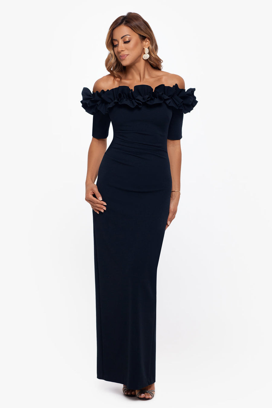 Navy Xscape 3856XP Off-the-Shoulder Floor-Length Crepe Formal Ruffle Gown