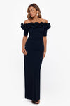 Navy Xscape 3856XP Off-the-Shoulder Floor-Length Crepe Formal Ruffle Gown