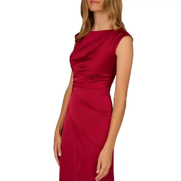 Matador Red Aidan Mattox MD1E209743 Bateau Floor-Length Satin Formal High Slit Gown