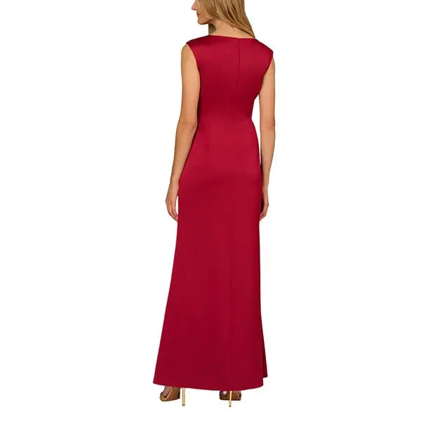 Matador Red Aidan Mattox MD1E209743 Bateau Floor-Length Satin Formal High Slit Gown