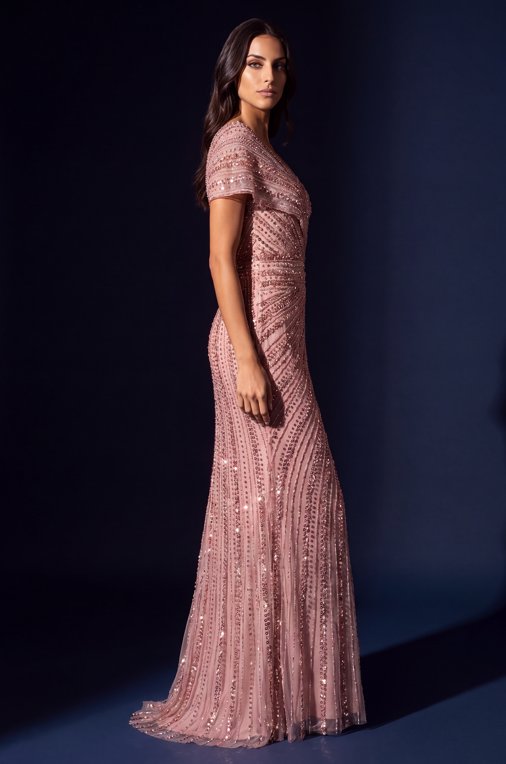 Beaded V-Neck Cap Sleeve Mermaid Gown Wholesale