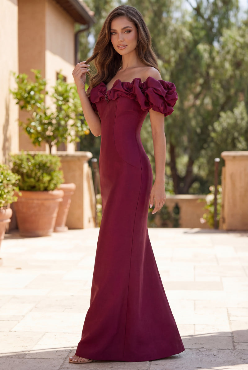 Ruffled Sleeve Long Formal Evening Dress Wholesale