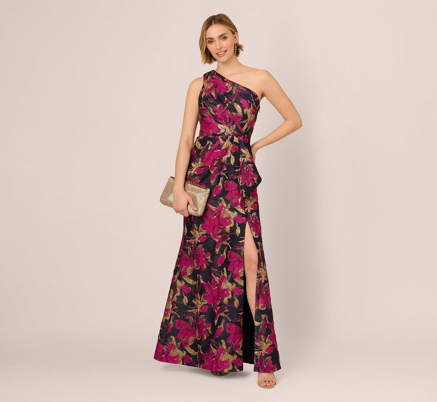 Navy Pink Adrianna Papell AP1E211592 One-Shoulder Long Jacquard Formal Floral Gown