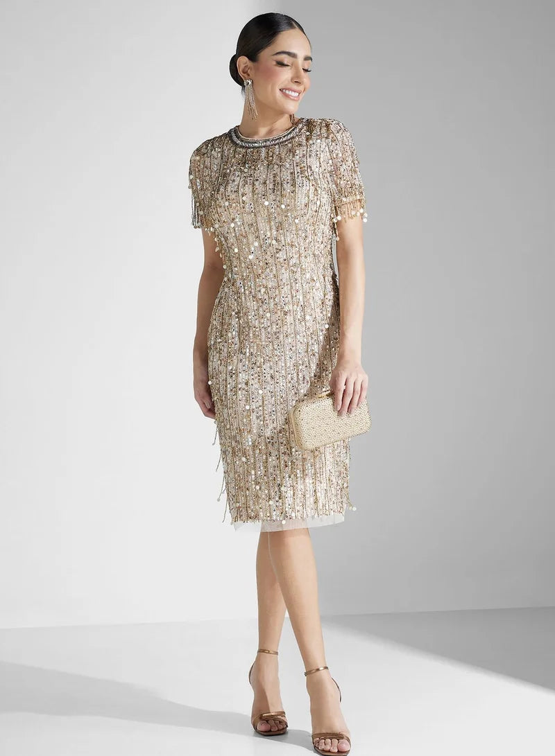 Plus Size Dresses Round Neck Sleeveless Sequin Midi Dress for Evening Wear Light