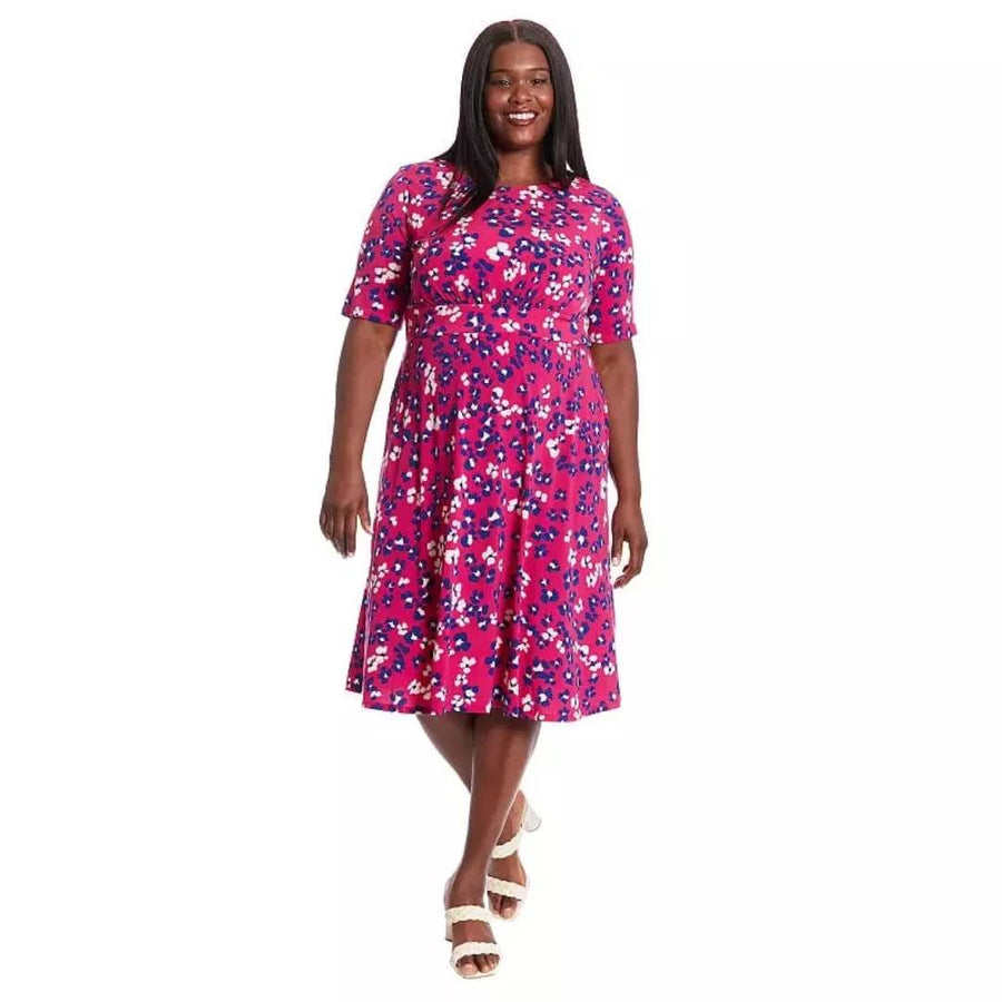 London Times Jewel Neck Midi Jersey A-Line Dress - T7059W - Rose Cream